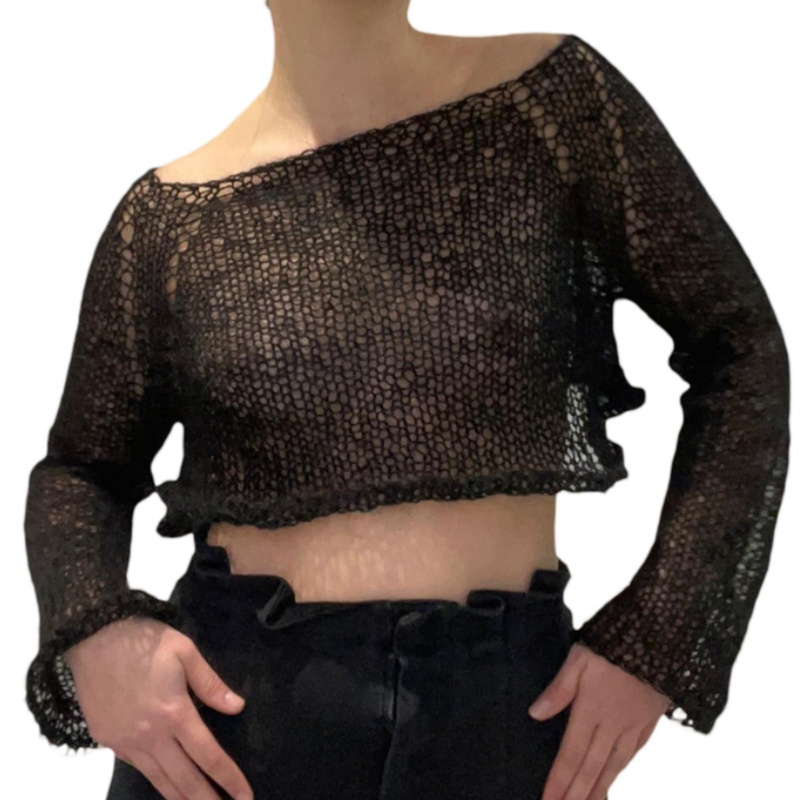 Áo Croptop Dệt Kim Tay Dài Dáng Ôm Thời Trang Mùa Hè Cho Nữ