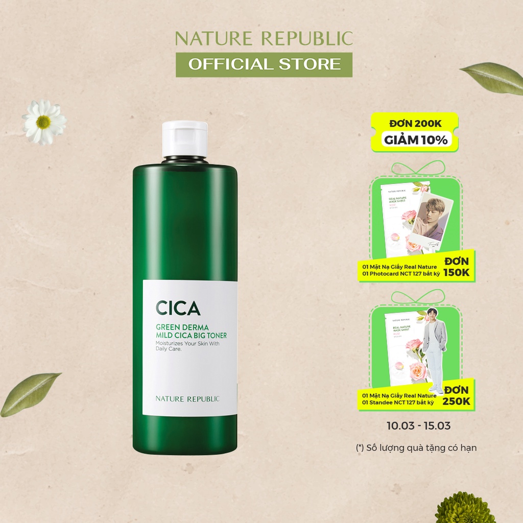 Nature Republic Nước hoa hồng làm dịu và phục hồi da Green Derma Mild Cica Big Toner 500ml