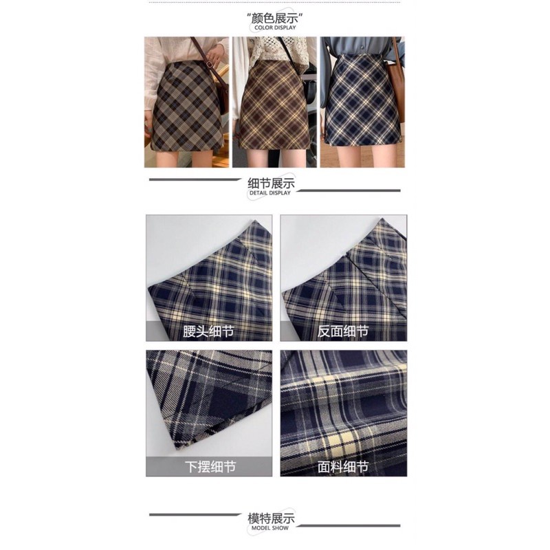 Chân váy kẻ vintage dáng ngắn hàng thu đông