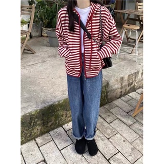 Áo khoác len zip khoá kéo đỏ trắng kẻ ngang basic dễ thương Yannie