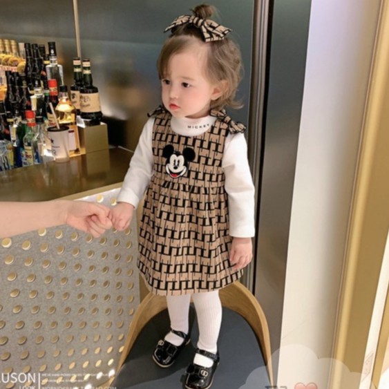 Váy nhung micky đeo nơ kèm áo cotton 4 chiều cho bé 1-5 tuổi