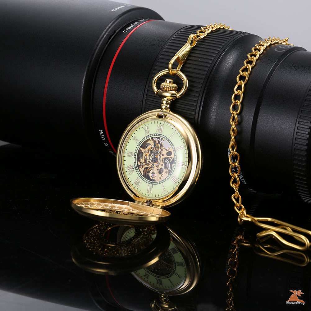 #Đồng hồ bỏ túi# Men Women Mechanical Pocket Watch Golden Hollow Carved Case with Chain