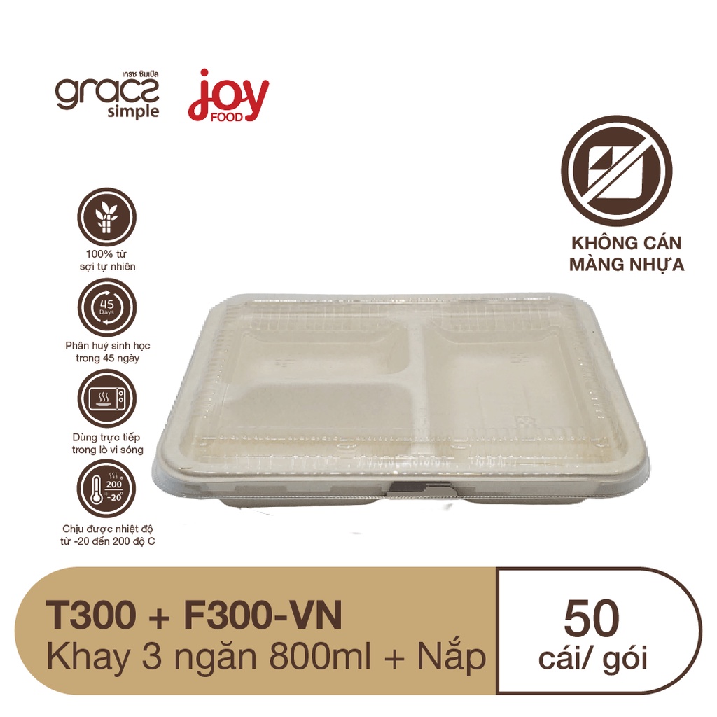 50 khay cơm dùng 1 lần làm từ bã mía, 3 ngăn 800ml/ Kèm Nắp Nhựa