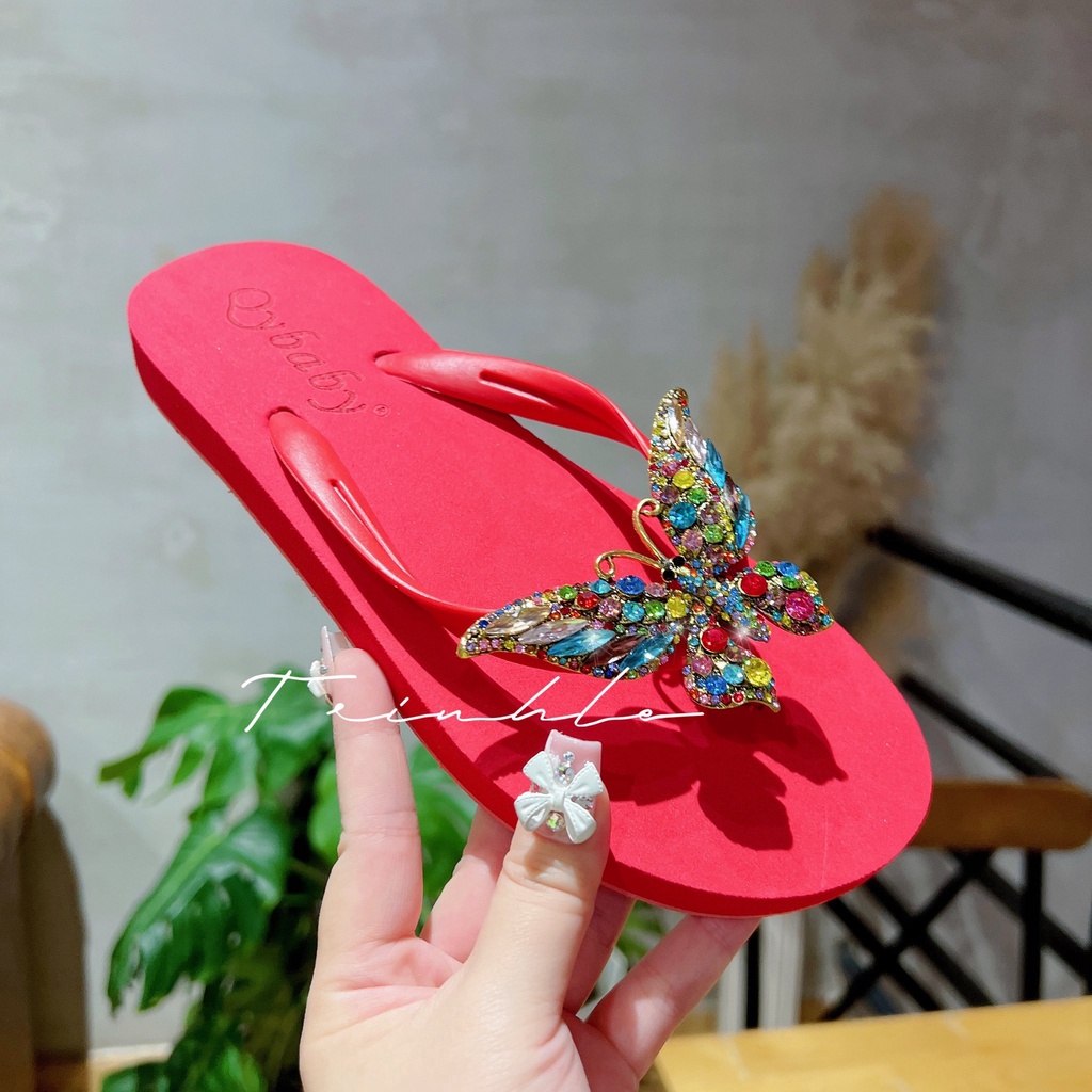 Dép Kẹp Xỏ Ngón Nữ Đính Charm Đá Hình Bướm - Dép Lê Nữ Đính Charm Đá Cao Cấp Đi Biển