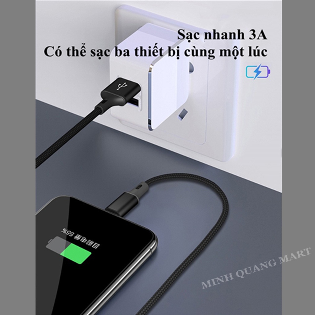 Dây Sạc Đa Năng 3A Hiệu Quả Cao Đáp Ứng Nhiều Yêu Cầu Sạc Iphone Lightning, Type C, Micro - Cáp Sạc Nhanh 3 Đầu