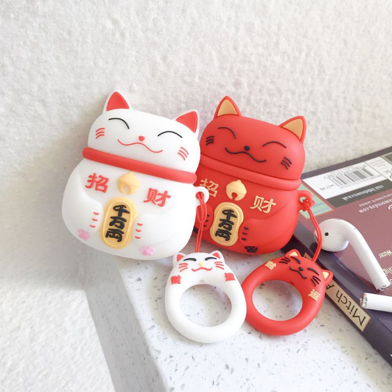 Vỏ bảo vệ hộp đựng tai nghe airpods 1/2 hình mèo may mắn xinh xắn
