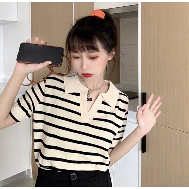 Áo thun dệt kim polo cổ xẻ V  kiểu dáng basic phong cách Hàn Quốc