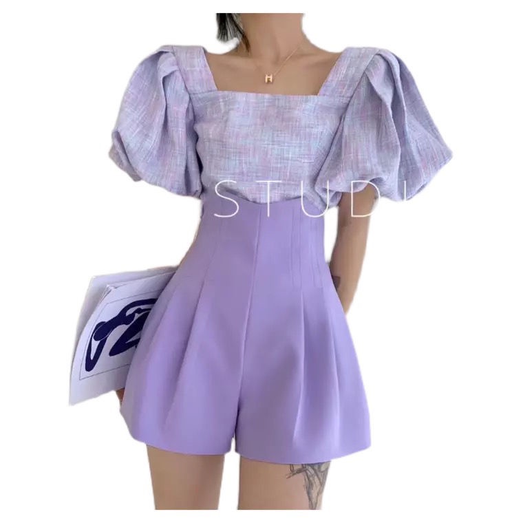 Set áo cổ vuông tay phồng và quần short lưng cao dáng chữ A thời trang mùa hè nữ tính thanh lịch (có bán lẻ)