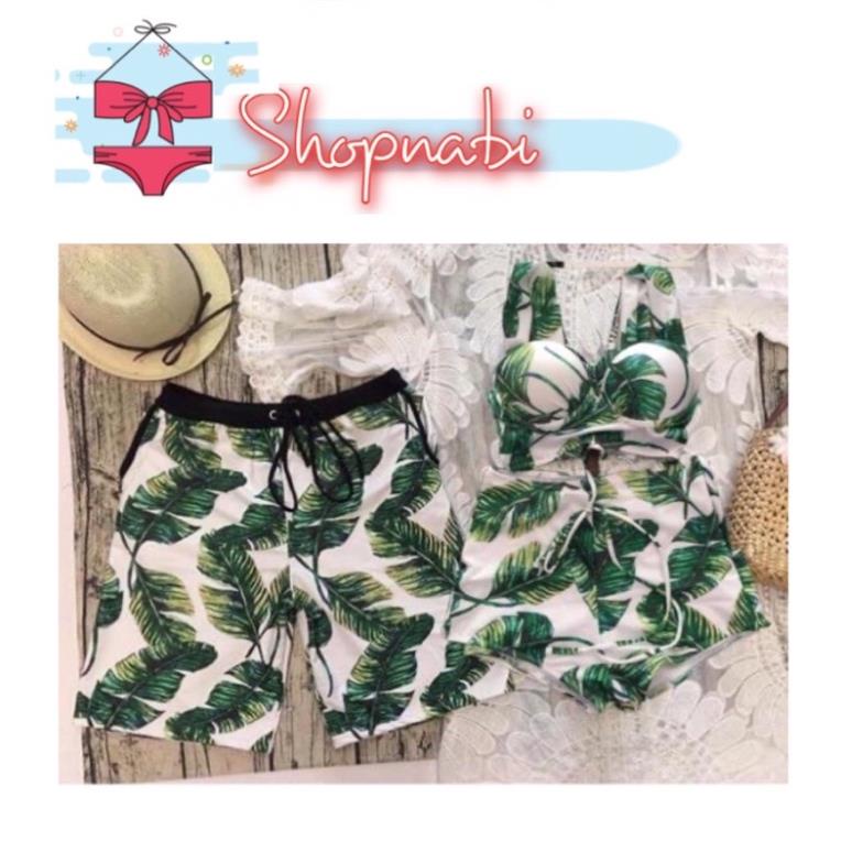 Đồ bơi cặp nam nữ- Bikini đôi đi biển lá xanh- áo tắm nữ mút dày nâng ngực- shopnabi 🏊
