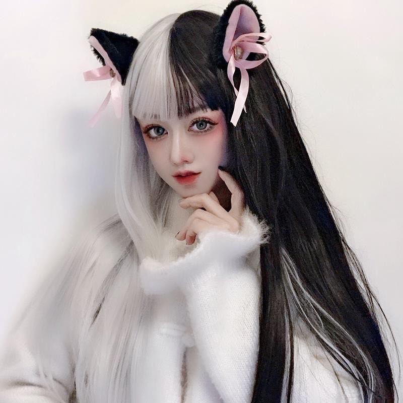 Tóc giả dài thẳng 2 màu tương phản đen + hồng/trắng + đen có nón lưới cho cosplay anime/lolita