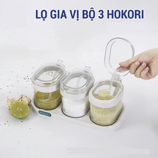 Bộ 3 lọ đựng gia vị Hokori có nắp đậy kèm thìa cao cấp nhựa PP dày dặn bền đẹp, Đồ gia dụng, dụng cụ nhà bếp thông minh
