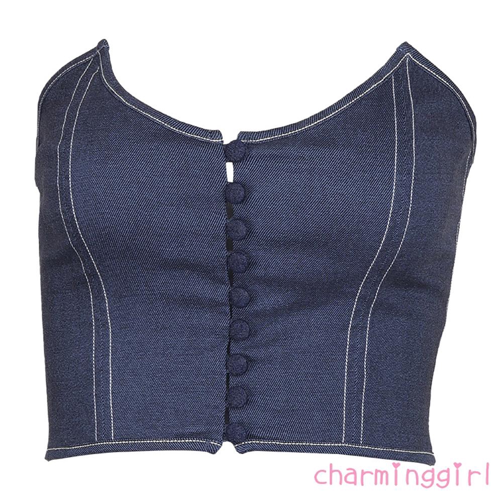Áo Croptop Denim Cúp Ngực Phối Nút Thiết Kế Cổ Chữ V Quyến Rũ | BigBuy360 - bigbuy360.vn