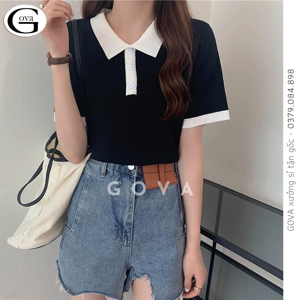 Áo Croptop CỔ POLO PHỐI Màu Đen Trắng Nữ, Áo Cổ Bẻ Tay Ngắn Đẹp GOVA