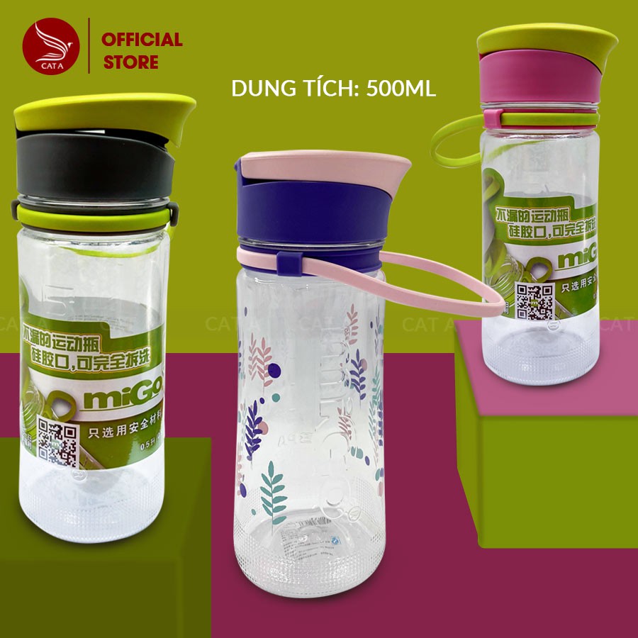 Bình đựng nước bằng Nhựa BPA FREE MIGO Cao cấp  - An toàn, trong suốt, có rây lọc, quai [500ML - 1782]