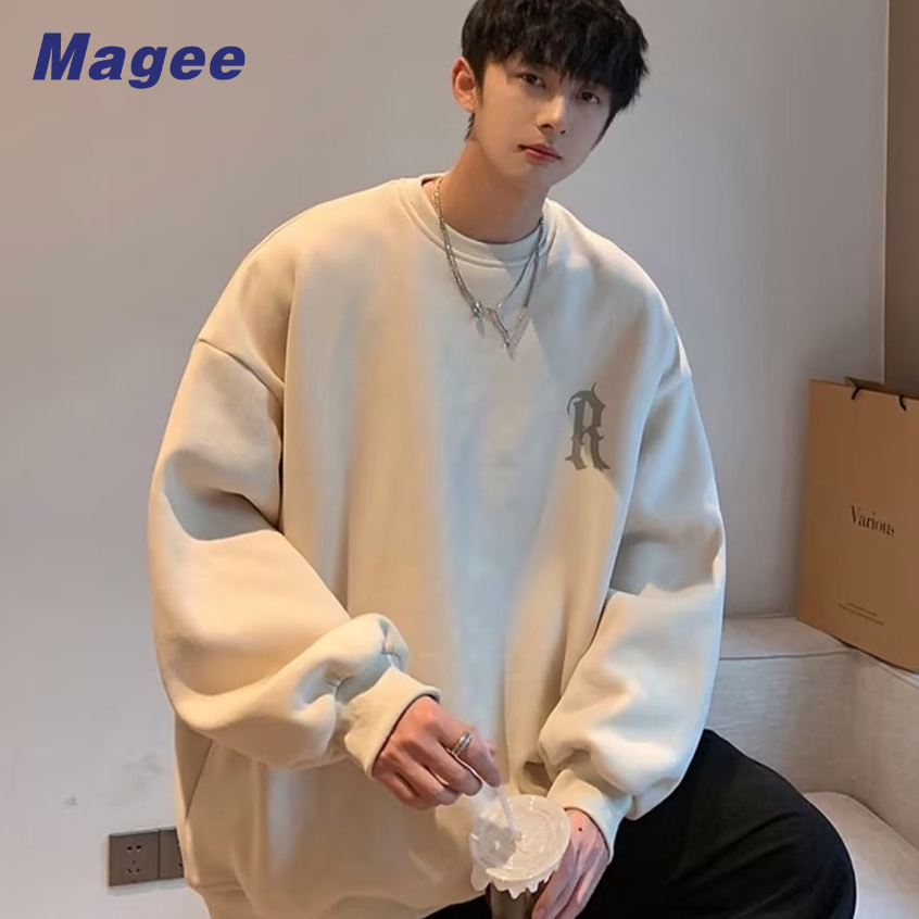 Áo sweater Tay Dài Cổ Tròn In Chữ R Lót Nhung Thời Trang Xuân Thu Cho Nam