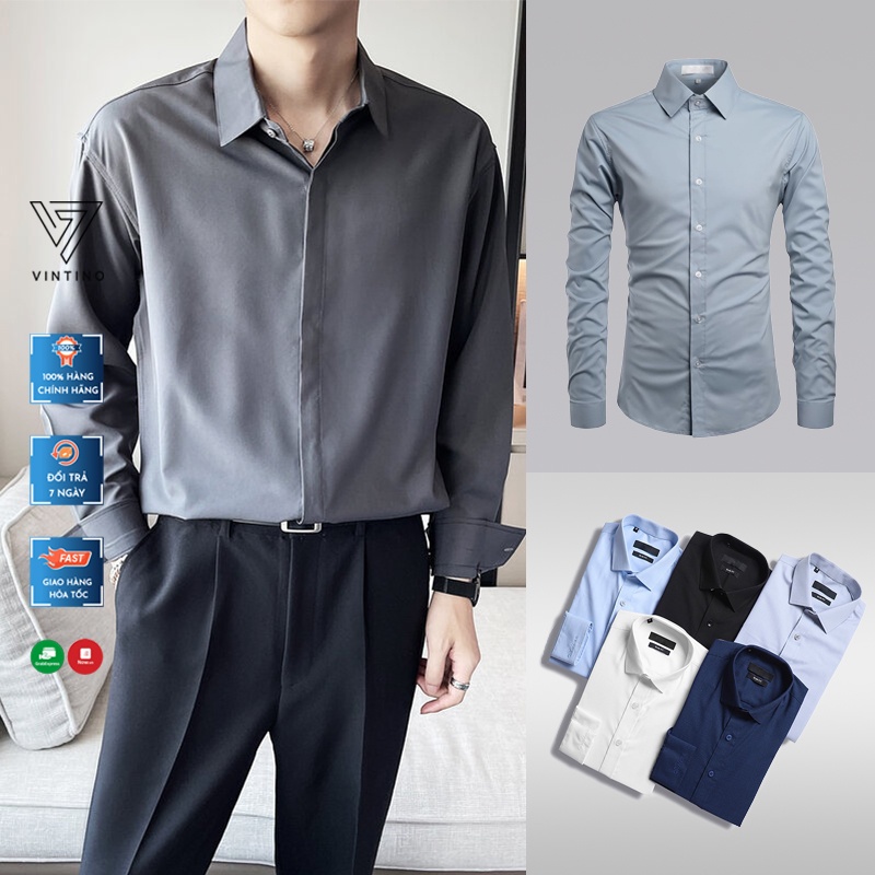 &quot;Áo sơ mi nam dài tay trơn form ôm phong cách Hàn Quốc vải lụa chống nhăn thấm hút mồ SMR