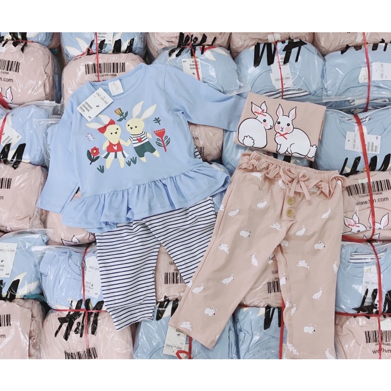 combo 2 bộ cotton cho bé hình thỏ màu Hồng xanh