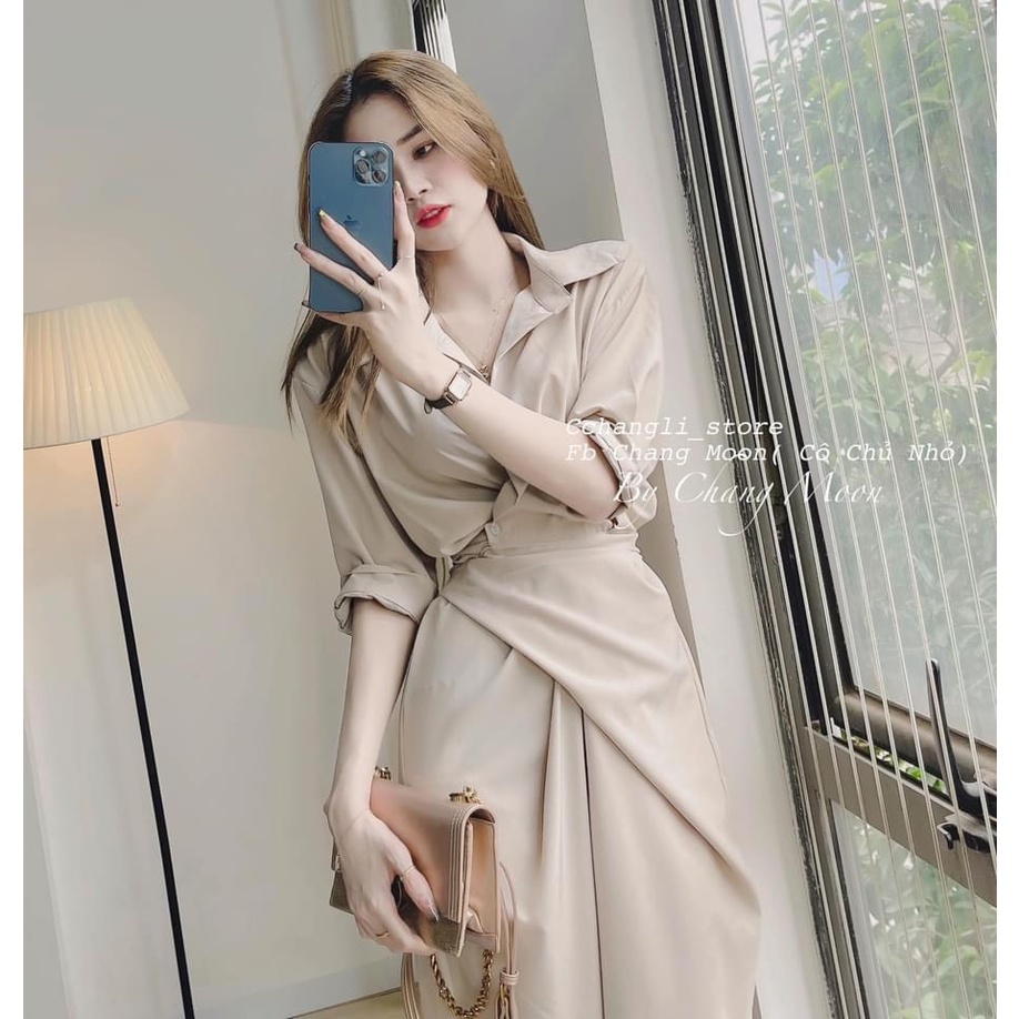 Đầm vạt chéo buộc đai eo 2 màu dài tay