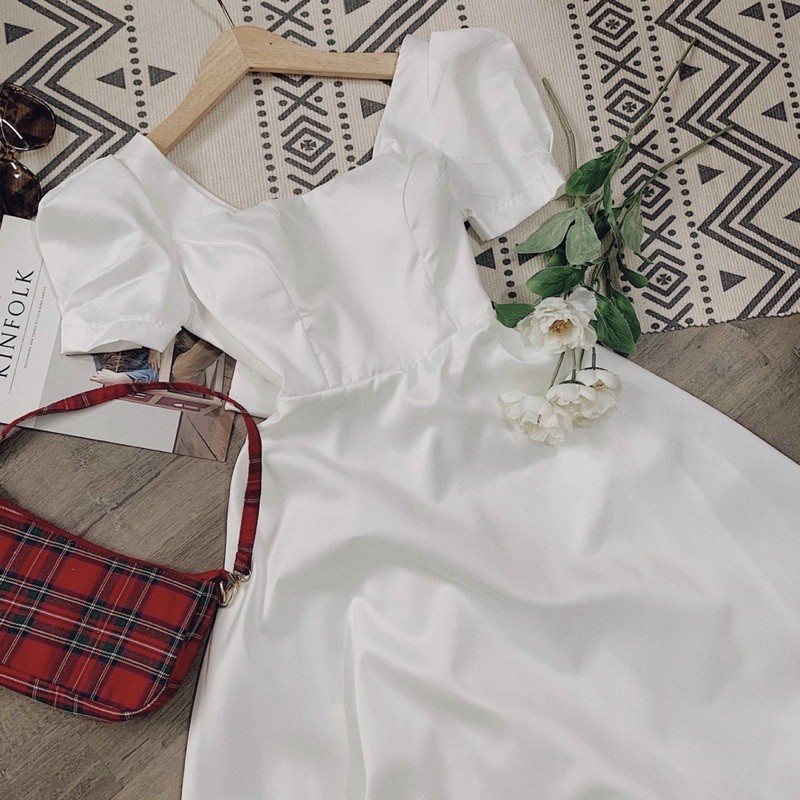 Đầm tay bồng cổ vuông nơ lưng xinh xắn | BigBuy360 - bigbuy360.vn