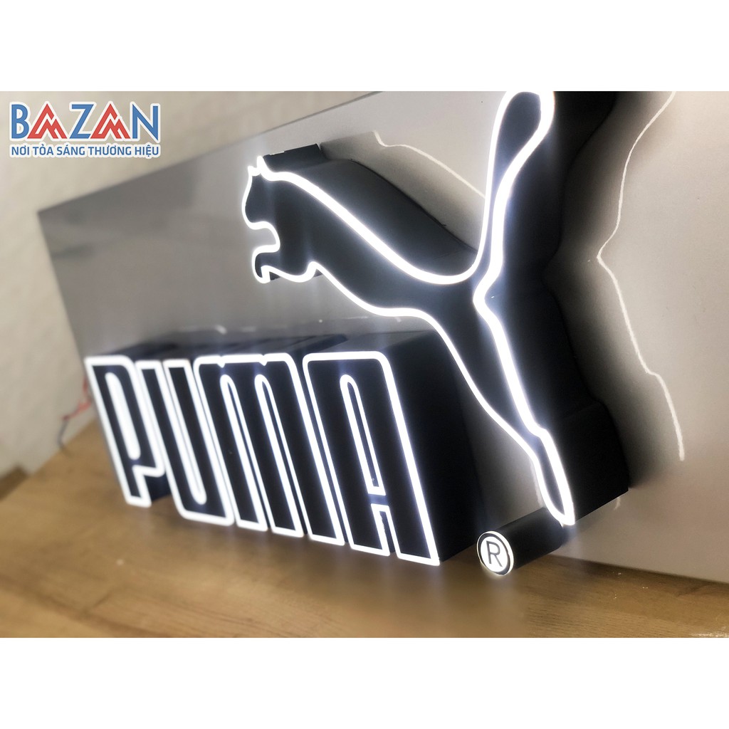 Logo Puma - Chữ nổi quảng cáo inox uốn ngược, mặt mica dán decal lưới