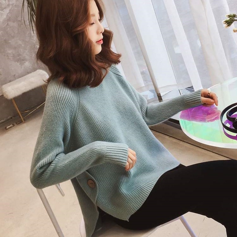 Áo len tay dài cổ tròn dáng rộng màu trơn thời trang