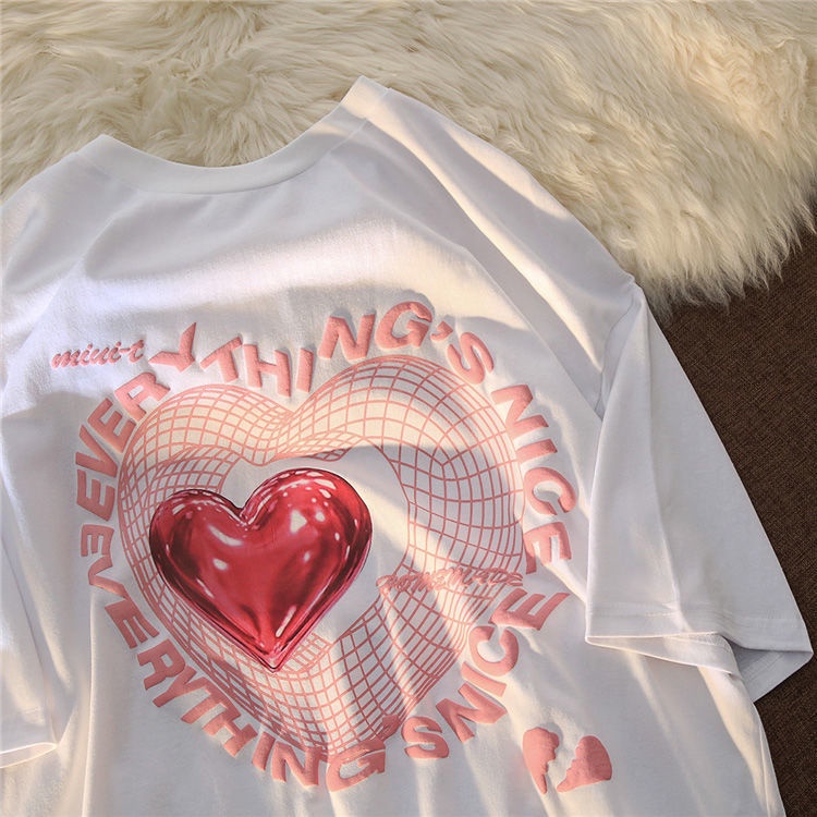 Áo thun COZOKC tay ngắn dáng rộng in hình trái tim thời trang