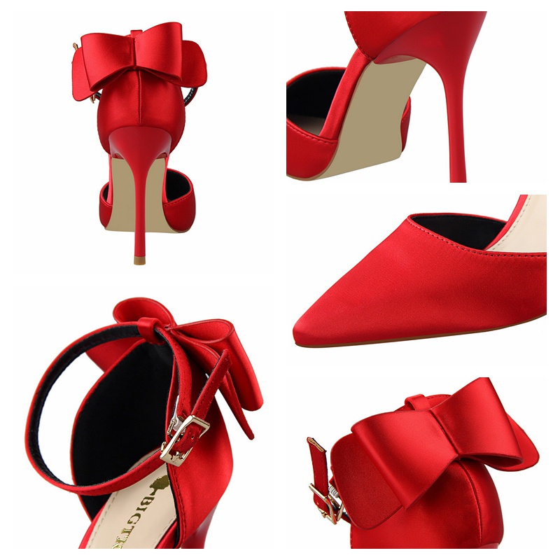 Giày cao gót BIGTREE 5196-1 10cm mũi nhọn chất liệu satin đính nơ thời trang đám cưới