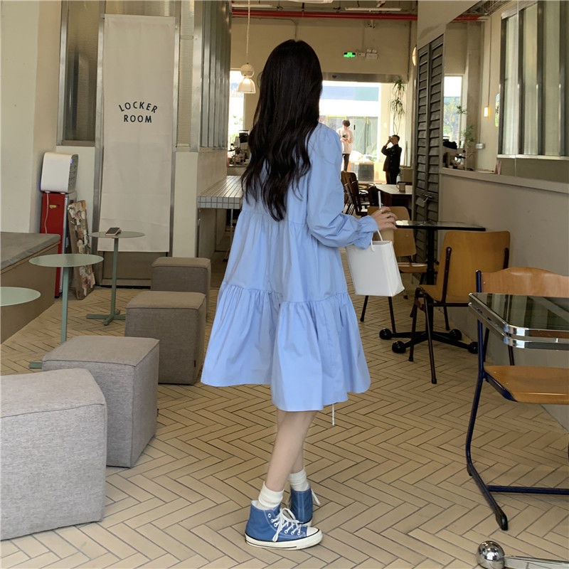 Đầm Tay Dài Cổ Sơ Mi Họa Tiết Hoa Thời Trang Phong Cách Hàn Quốc Cho Nữ