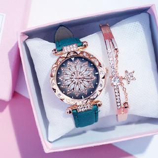 Đồng Hồ Máy Quartz Mặt Hoa Đính Kim Cương Dây Da