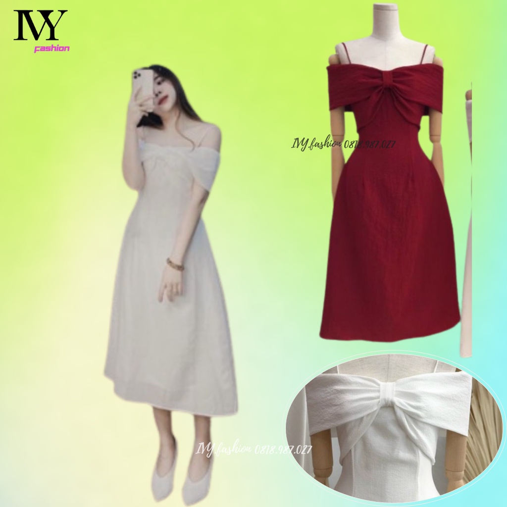 Đầm váy midi trễ vai 🍓tafta lót lụa🍓 trắng đỏ 2 dây nơ ngực cúp ngực đi biển dự tiệc dạo phố bigsize rẻ đẹp