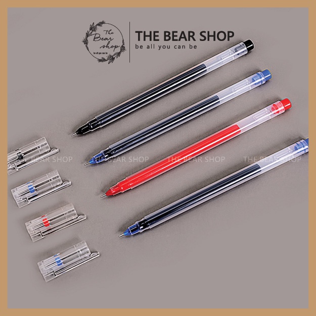 Bút mực gel dung lượng lớn ngòi 0.5mm thiết kế vỏ trong suốt màu đen đỏ xanh - The Bear Shop