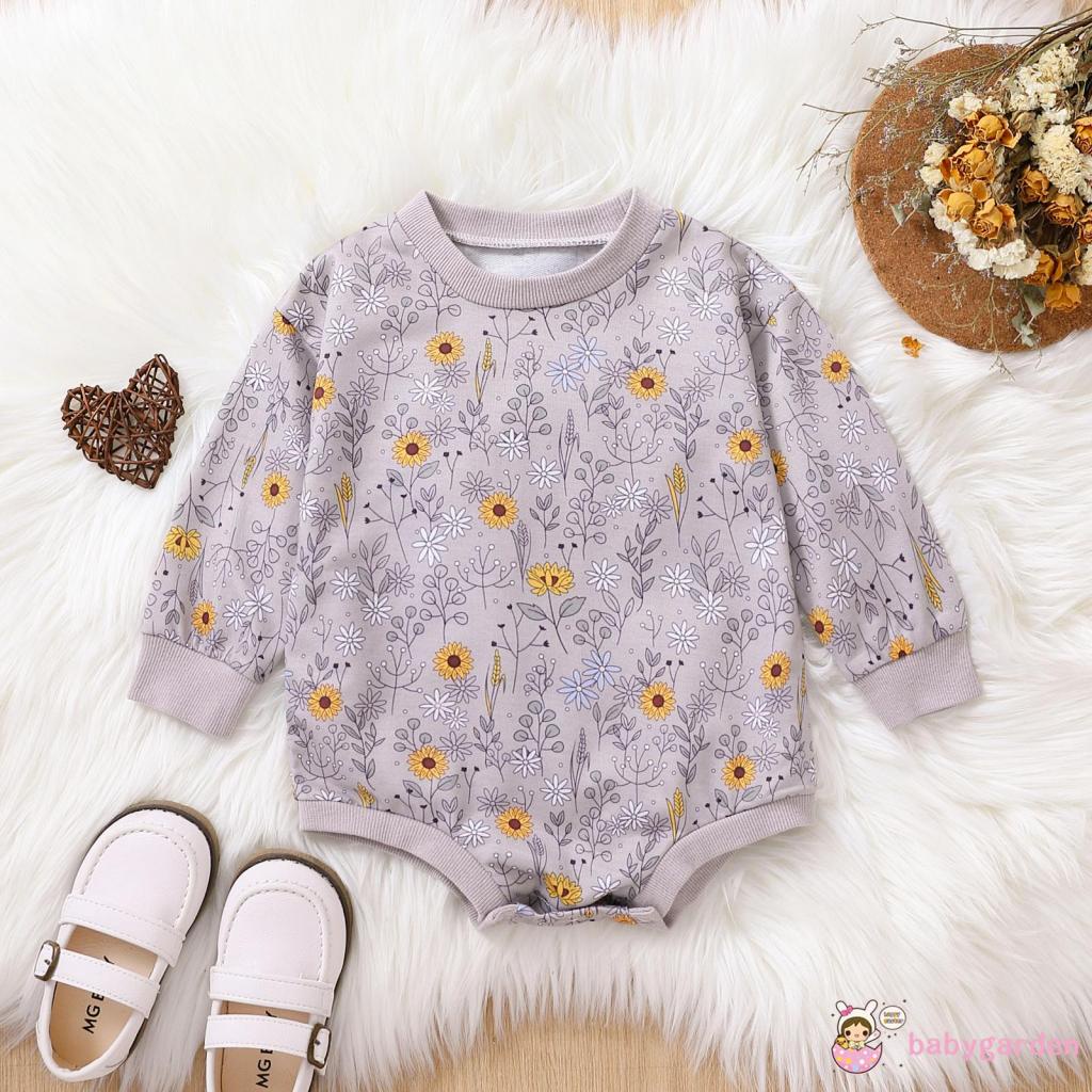 Áo Liền Quần Dài Tay Cổ Tròn In Hoa Thời Trang Mùa Thu Cho Bé Gái 0-24 Tháng Tuổi