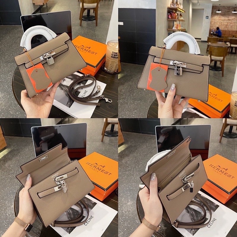 Túi Xách kelly khóa cài dáng lùn size 19 hàng qc loại 1, dập logo khoá, hàng tag bạc siêu nét