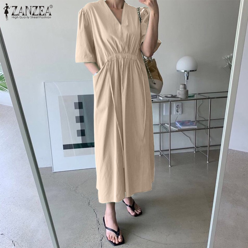 Đầm nữ Zanzea tay ngắn cổ chữ v thời trang phong cách Hàn Quốc