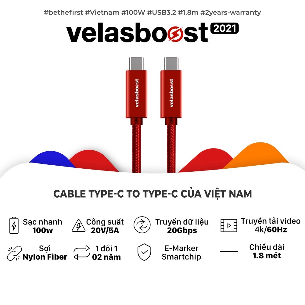 Dây cáp sạc C to C Velasboost  100w, 20Gbps, hỗ trợ xuất hình 4k/60hz, dài 1,8m, bọc dù bảo hành 2 năm