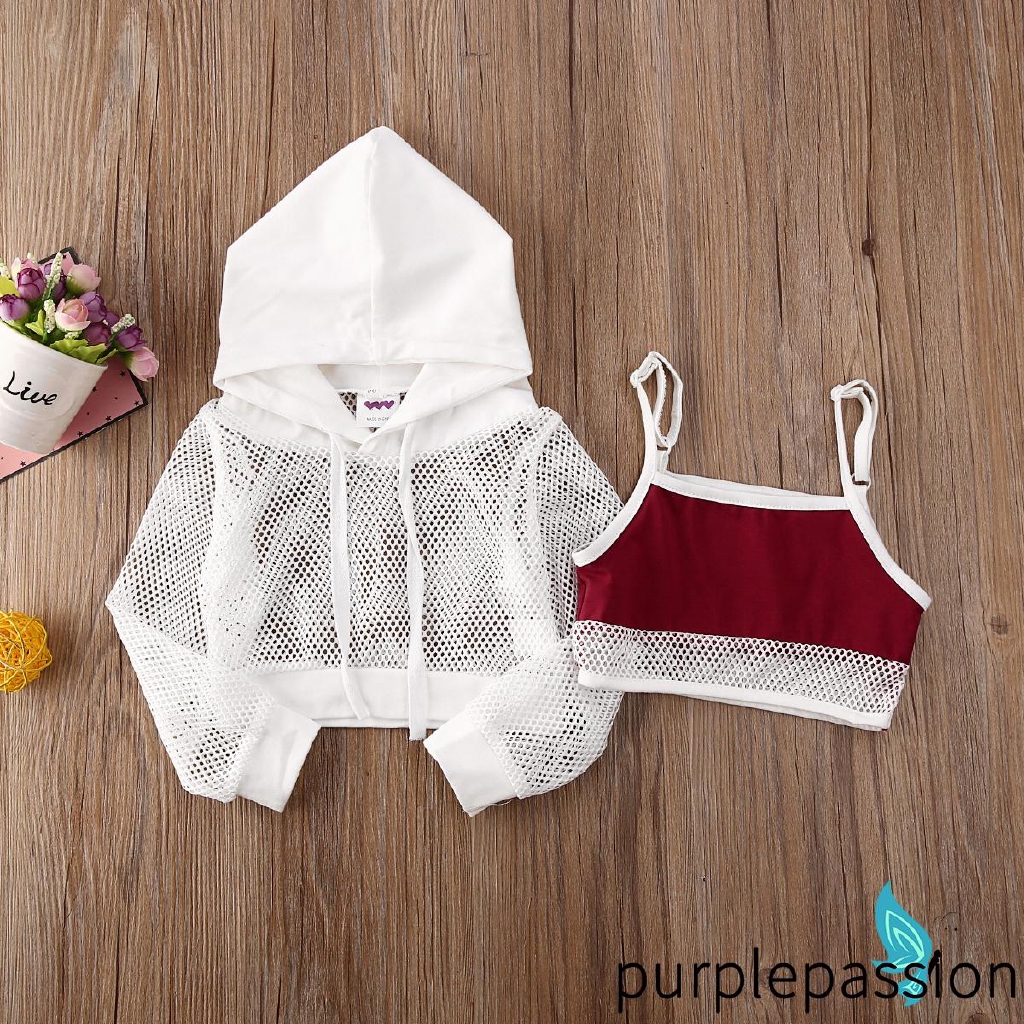 Bộ áo croptop 2 dây + áo có mũ tay dài phối lưới + quần dài thể thao thời trang cho bé gái