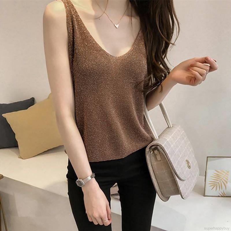 Áo Tank Top cổ chữ V dáng rộng đính kim sa lấp lánh cho nữ