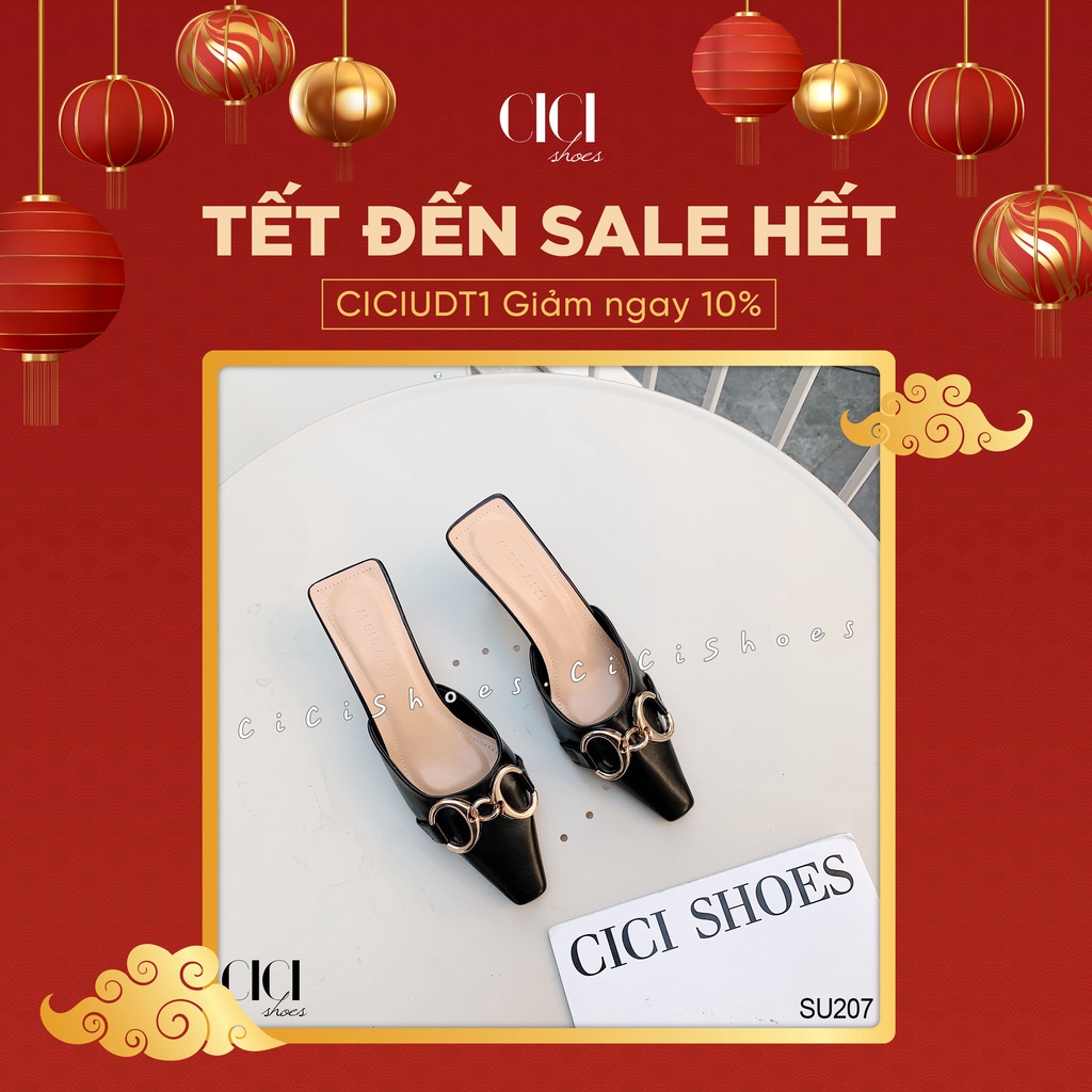 Giày cao gót nữ CiCi Shoes gót nhọn 7cm, dép sục mũi thon vuông móc xích tròn - SU207