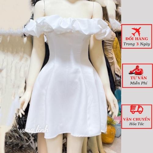 Váy trễ vai nữ viền bèo đen trắng tiểu thư bánh bèo đi tiệc cưới ulzzang Hàn Quốc