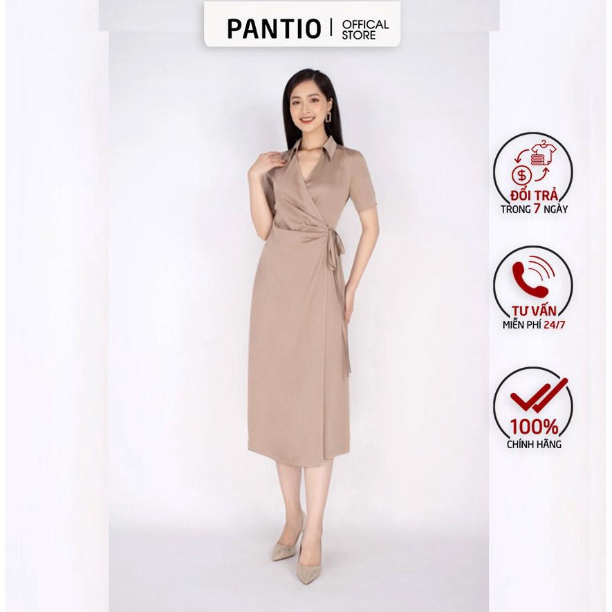 FDC33362 - Đầm công sở vải lụa dáng suông hai tà vắt chéo thân ngực xếp nhún buộc eo - PANTIO
