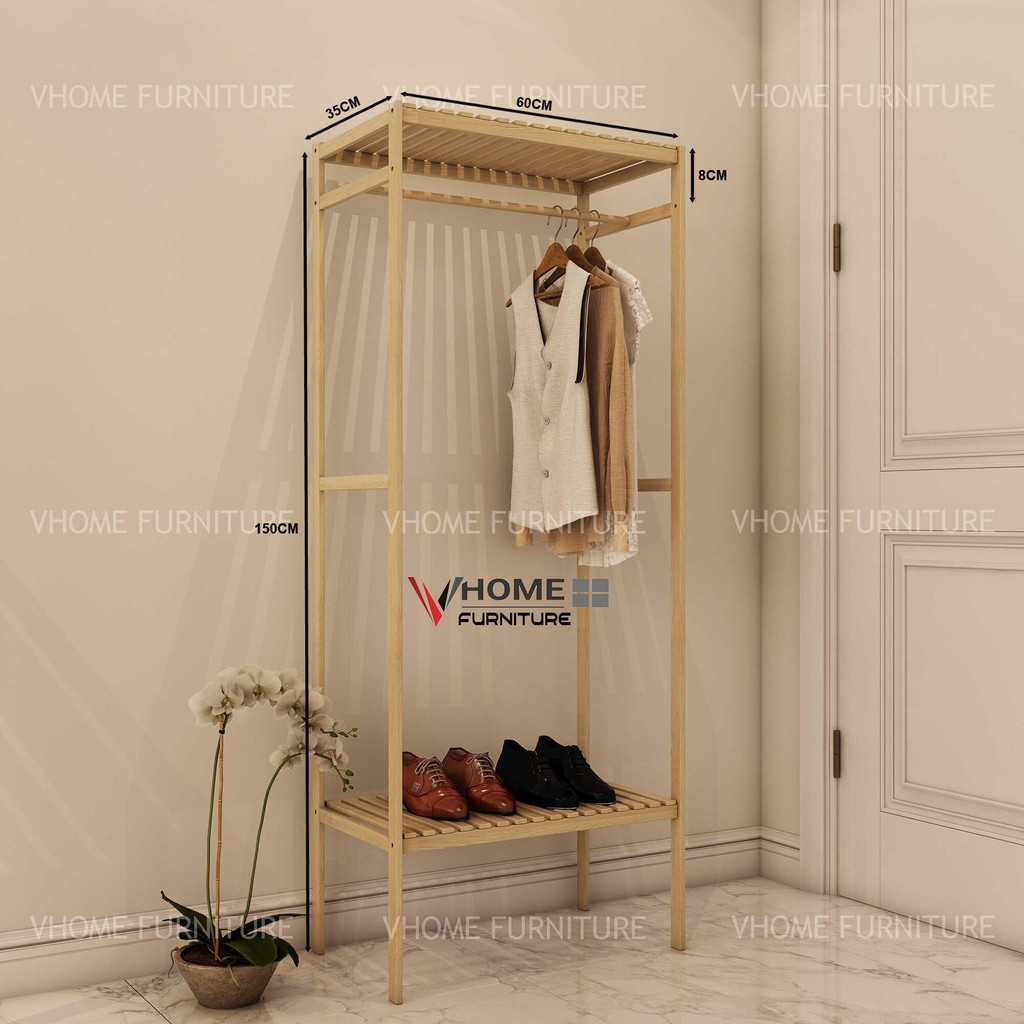 TỦ , KỆ TREO QUẦN ÁO 2 TẦNG - GỖ THÔNG TỰ NHIÊN - VHOME DECOR