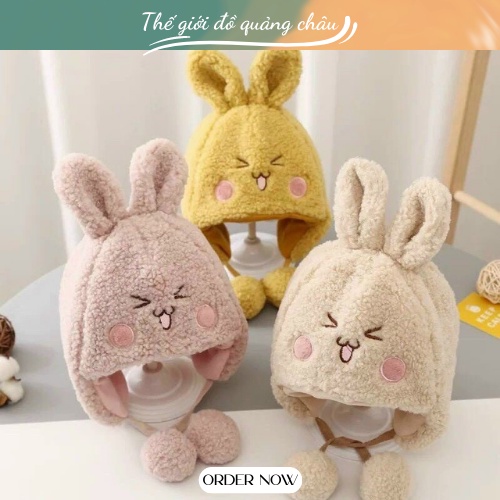 Mũ lông cừu hình thỏ má hồng dễ thương cho bé trai, bé gái, mũ trùm đầu hàng Quảng Châu Cao Cấp (M02)
