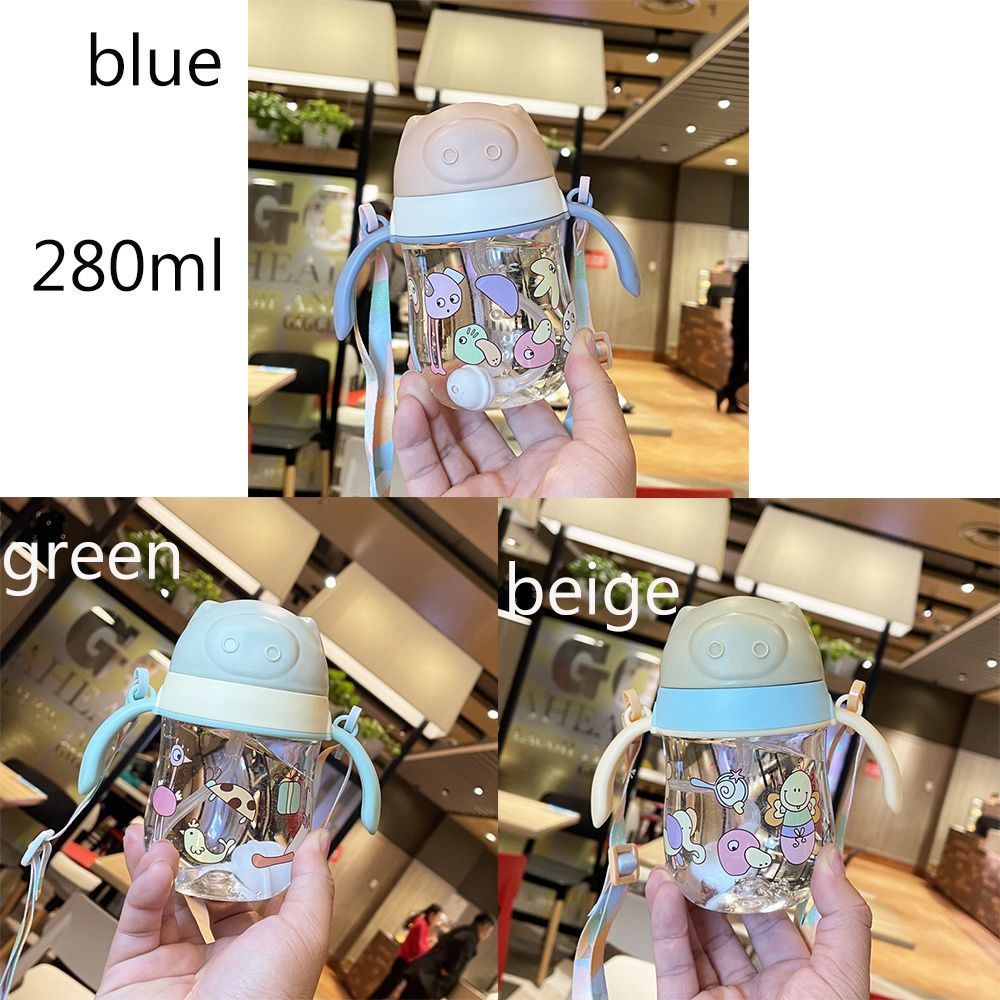 Bình uống nước 280ml có tay cầm và ống hút chống tràn họa tiết hoạt hình cho bé