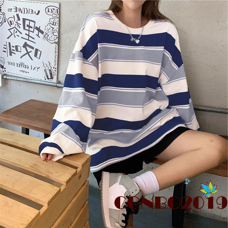 Áo Thun Tay Dài Cổ Tròn Dáng Rộng Họa Tiết Kẻ Sọc Thời Trang Cho Nữ