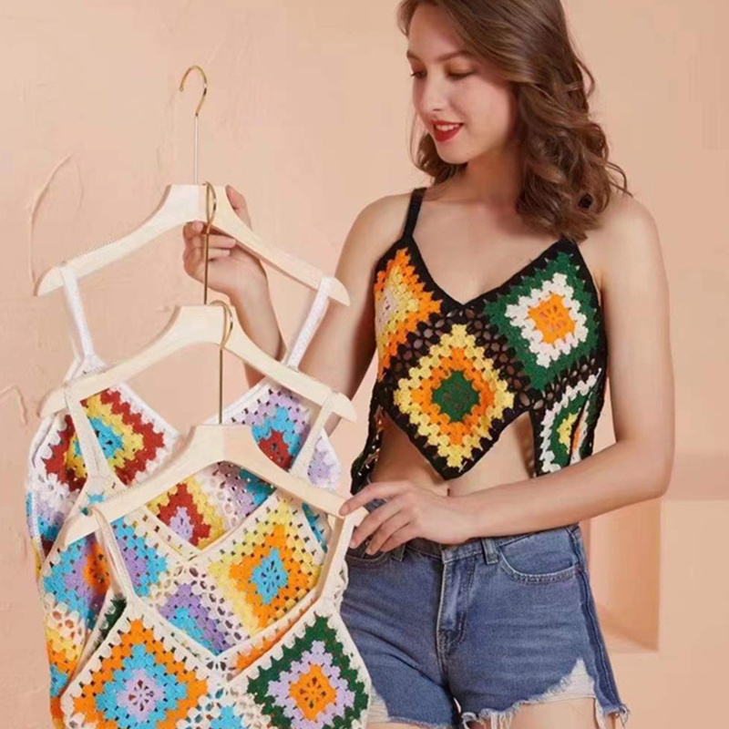 Áo Croptop Dệt Kim Không Tay Cổ Chữ V Họa Tiết Hình Thoi Nhiều Màu Phong Cách Boho Quyến Rũ Cho Nữ