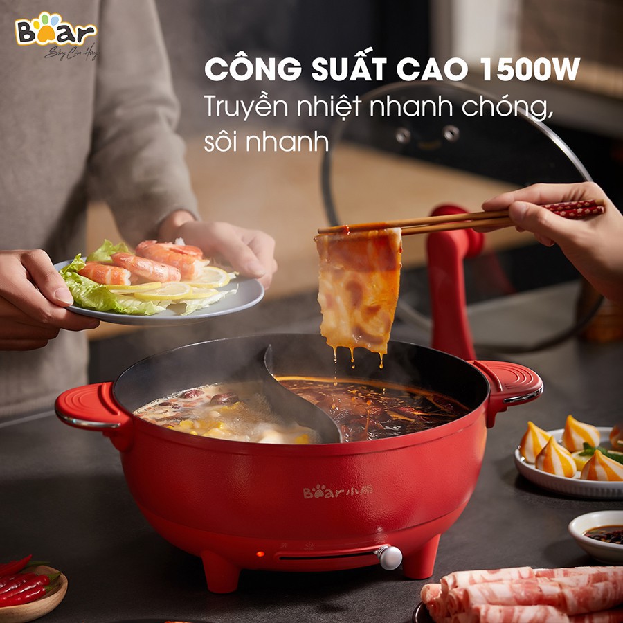 Nồi Lẩu Mini Đa Năng BEAR 6L_Bản Quốc Tế_Bếp Lẩu Nướng Điện, Nồi Lẩu 2 Ngăn Uyên Ương Bear_Bảo Hành Chính Hãng 1 Năm