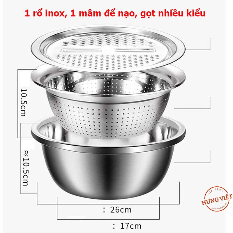 Bộ rổ và chậu inox kèm mâm nạo, bào và gọt vỏ rau, củ, quả 3 trong 1 (3 in 1, 3 chi tiết) đa năng, tiện dụng, tiết kiệm