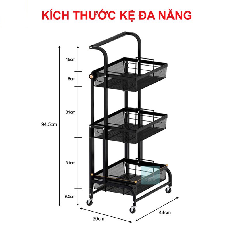 Kệ spa xe đẩy để đồ đa năng 3 tầng màu đen thép carbon không rỉ, kệ để bỉm sữa spa rau củ hoa quả nhà bếp