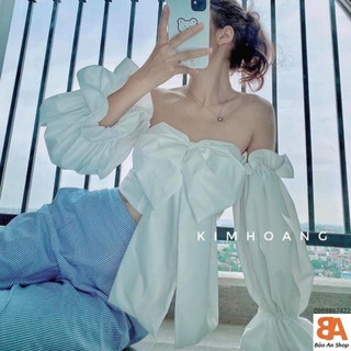 Áo kiểu kate lụa bẹt vai nơ ngực