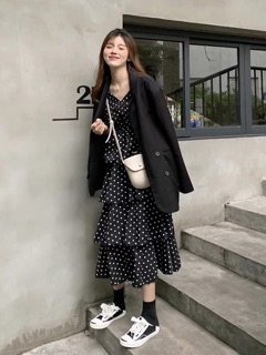 [Order quảng châu] Đầm maxi tầng chấm bi
